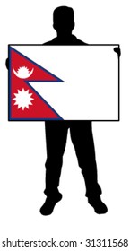 vector illustration of a man holding a flag of nepal