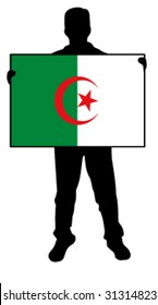 vector illustration of a man holding a flag of algeria