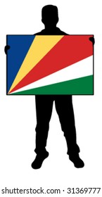 vector illustration of a man holding a flag of seychelles