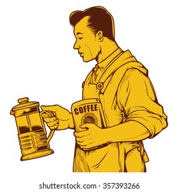 Vector illustration of man holding French press. vintage coffee ink drawing.
