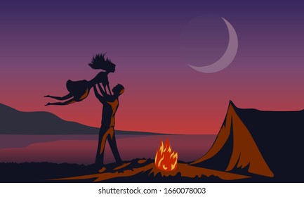 vector illustration of a man holding a girl over him on the beach near a fire and a tent