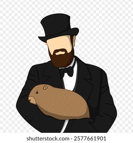 Vector illustration of Man holding Groundhog in hands on transparent background