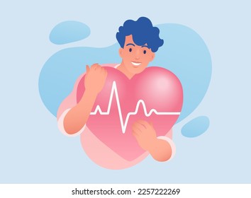 Vector illustration of man holding heart and cardiogram. Health care concept.