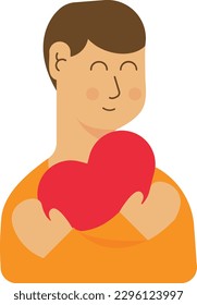 Vector illustration of a man holding a heart. Show self-love and self-acceptance. Taking care of yourself and emotional health.