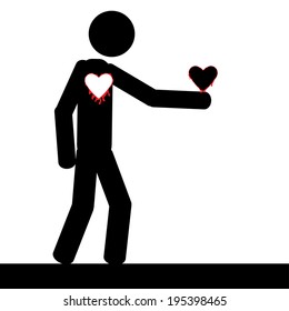Vector / illustration. A man is holding his own heart in his hand.
