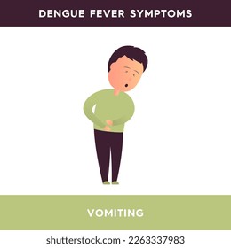 Vector illustration of a man holding his stomach in pain. The person has symptoms of dengue fever and feels sick. Dengue fever symptoms. Illustration for medical articles, posters, stands.