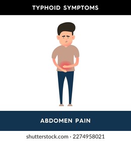 Vector illustration of a man holding his stomach. The person is experiencing pain in the abdomen. Infectious diseases. Symptoms of typhoid fever. Illustration for medical articles, posters.