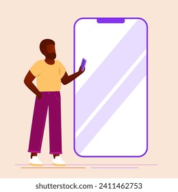 vector illustration of a man holding his cellphone in front of a giant cellphone