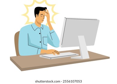 Vector illustration of a man holding his head in pain while working on a computer, symbolizing tension and mental fatigue.
