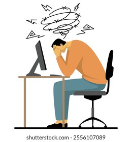 Vector illustration of a man holding his head in frustration while sitting at a desk with a computer, symbolizing stress and overwork.
