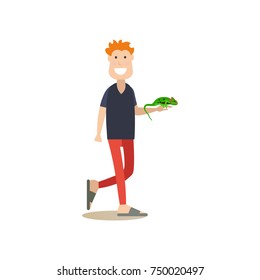 Vector illustration of man holding in his arm green lizard iguana. Pet owner and his pet reptile flat style design element, icon isolated on white background.