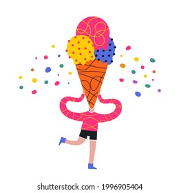 Vector illustration with man holding huge ice cream cone. Funny summer colored poster with food, cafe menu decoration print design