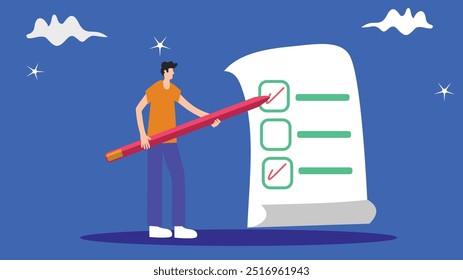 Ilustración vectorial de un hombre sosteniendo un Grande lápiz, haciendo notas en una lista de verificación adjunta a un Portapapeles. Esta Imagen simboliza la finalización exitosa de las tareas comerciales, destacando una organización