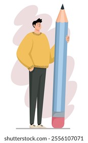 Vector illustration of a man holding a large blue pencil, symbolizing creative thinking, ambition, and design concepts.