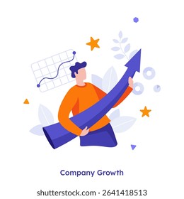 Vector illustration with man holding a large upward arrow symbolizing business and company growth. Financial success and revenue increase concept for presentation slide. 
