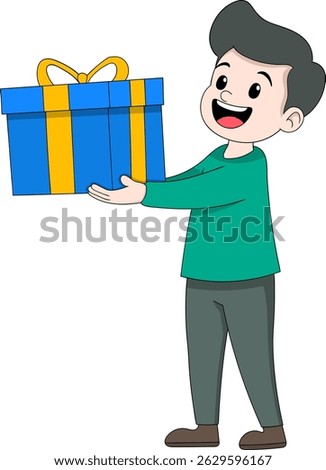 Vector illustration of a man holding a large wrapped gift box, bringing a birthday present for his girlfriend