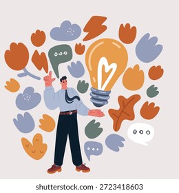 Ilustración vectorial del hombre sosteniendo bombillas, ideas de nuevas ideas con tecnología innovadora y creatividad. concepto de creatividad con bombillas que brillan con brillo.