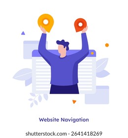 Vector illustration with man holding location pin icons for website navigation. User interface and experience concept. Web page menu for digital development.