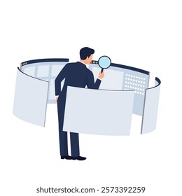 A vector illustration of a man holding a magnifying glass to check a web page