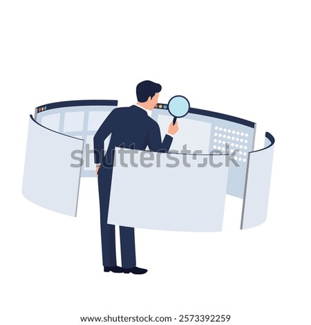 A vector illustration of a man holding a magnifying glass to check a web page
