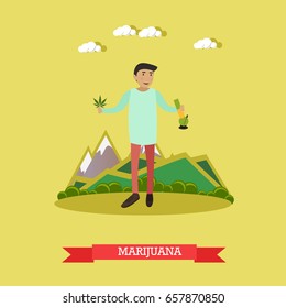 Vector illustration of man holding marijuana leaves in one hand and cannabis smoking bong in another hand. Drug addiction concept flat style design element.