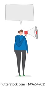 Vector illustration man holding megaphone and talking. Hand drawn. Colored outlines.