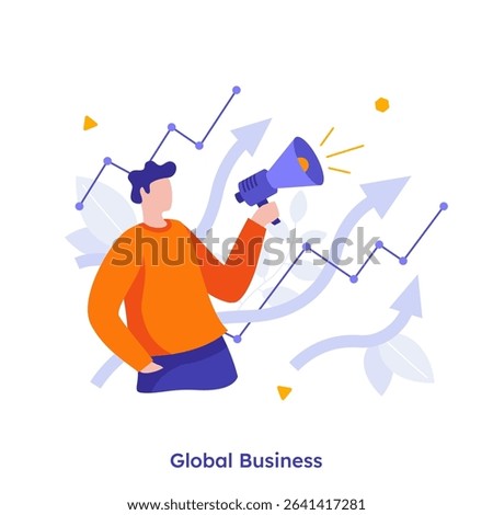 Vector illustration with man holding a megaphone with an upward trending graph and arrows. Concept of business promotion and announcement for marketing.