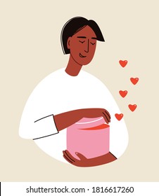 Ilustración vectorial de un hombre sosteniendo y abriendo el regalo rosa. Ilustración de dar e intercambiar regalos. Día de San Valentín.