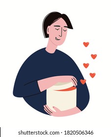 Vector illustration of a man holding and opening the white gift. Illustration of giving and exchanging gifts. Valentine's Day.