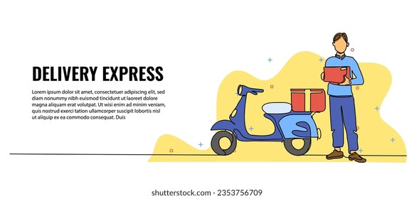 Vector illustration of a man holding package next to motorbike. Modern flat in continuous line style.