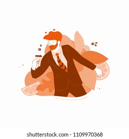 Vector illustration of a man holding paper cup of coffee. Dynamic flat design of coffee-to-go for mobile app, web, delivery banner.