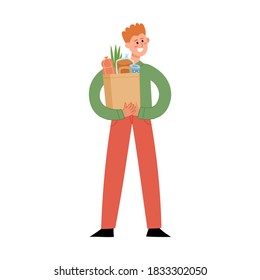 Vector illustration with man holding paper bag with products. Cartoon young trendy red-haired male character after food grocery shopping.