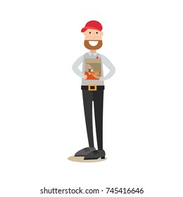 Vector illustration of man holding paper bag with hot dog and cola. Takeaway food concept. Food people flat style design element, icon isolated on white background.