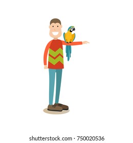 Vector illustration of man holding parrot on his hand, playing with his pet tropical bird. Pet owner or parrot trainer and his cockatoo flat style design element, icon isolated on white background.