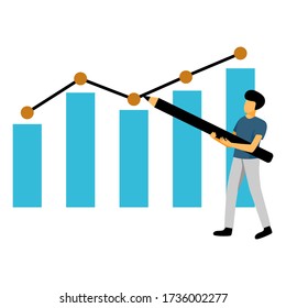 Vector illustration of a man holding a pencil and showing a graph of business development.