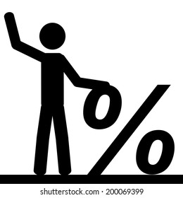 Vector / illustration. A man is holding a percent sign and waving his other hand.