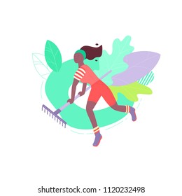 Vector illustration of a man holding rake. Dynamic flat colorful illustration. Background or spot design.