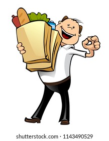 vector illustration of  man holding shopping bags from the supermarket he is happy