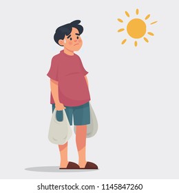 vector illustration man holding shopping plastic bag, boy unhappy shopping at in very hot days