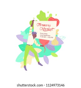 Vector illustration of a man holding sign with FARMERS MARKET words. Dynamic flat colorful illustration. Background or spot design.