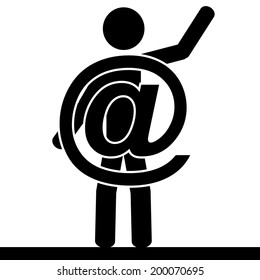 Vector / illustration. A man is holding the at sign is his hands. 