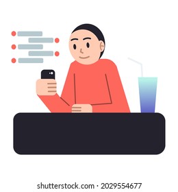 Vektorgrafik eines Mannes, der ein Smartphone auf einem Tisch mit nur