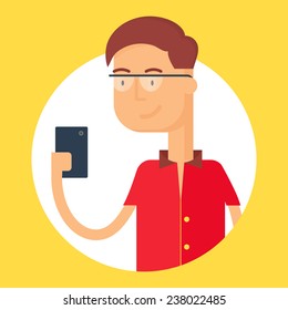 Vector illustration of a man holding smartphone, modern flat style