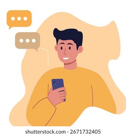 Una Ilustración vectorial de un hombre sosteniendo un teléfono inteligente con burbujas de chat, perfecto para mensajes, redes sociales o temas de comunicación.