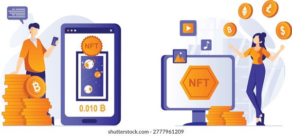 Vector illustration of man holding smartphone showing app icons and woman using fitness app on tablet