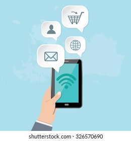 Vector illustration. Man holding a smartphone with message bubbles over it. Decorative design element, website illustration, card, poster.