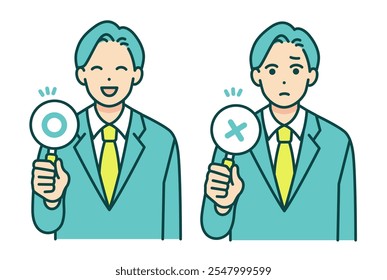 Vector illustration of a man holding a tag with correct and incorrect answers.