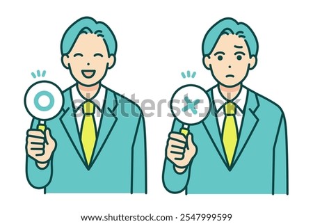 Vector illustration of a man holding a tag with correct and incorrect answers.