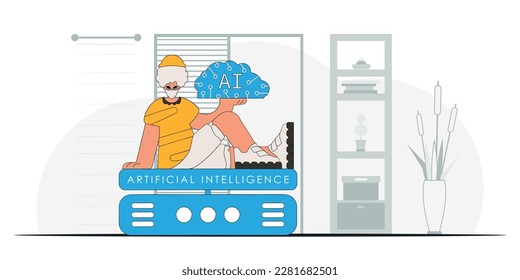 .Vector illustration of a man holding a trendy style AI brain.