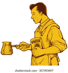 Vector illustration of man holding Turkish Coffee Pots. vintage coffee ink drawing.
